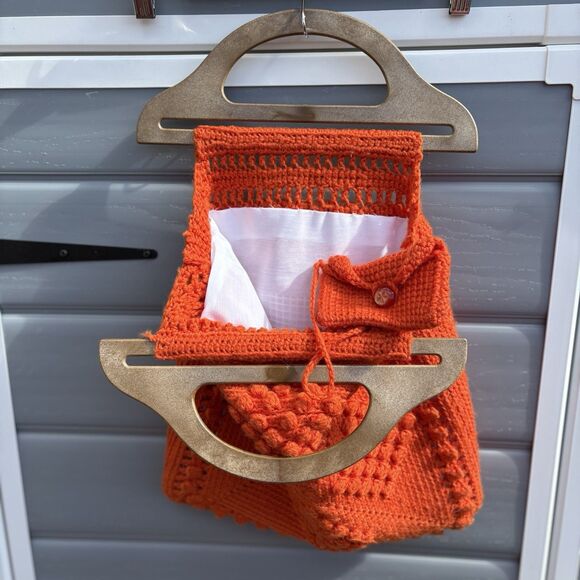 Vintage Hand-Made Crocheted Orange Purse Lined with Coin Purse/Makeup Holder - Picture 4 of 5